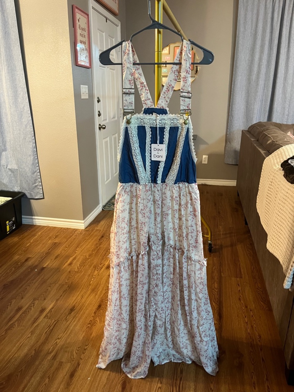 DAVI & DANI Blue and Cream Floral Suspender Maxi Dress